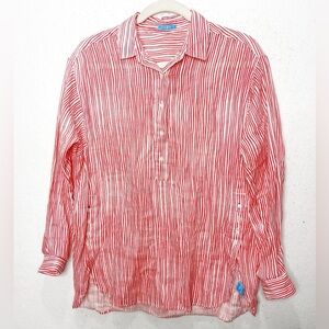 J. McLaughlin Stripe Linen Shirt Small Red White Tunic Button Up Beach Fisherman